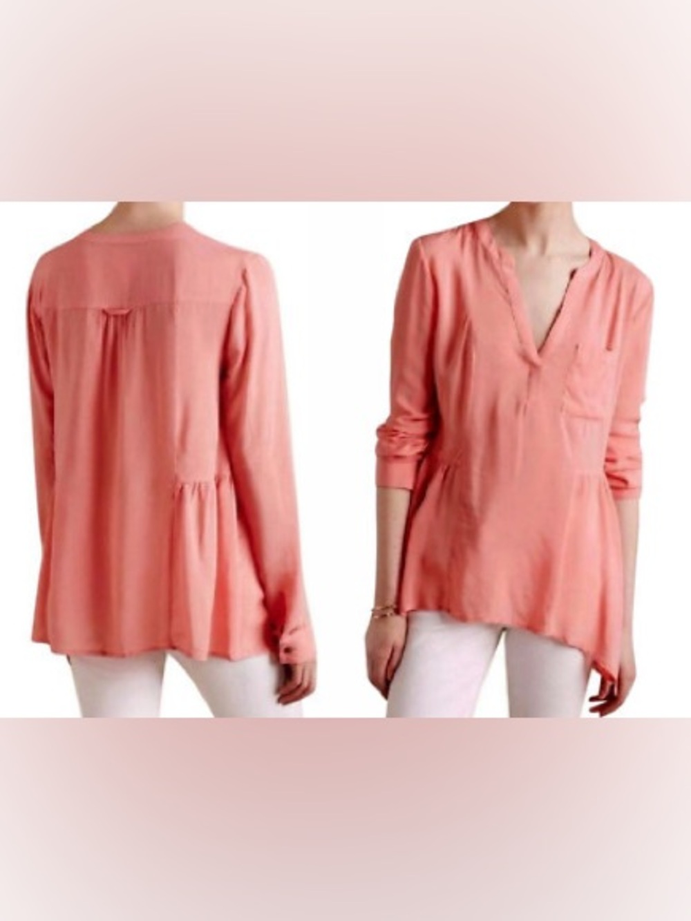 Anthropologie Maeve Laiken Henley Top Peach Pink Shirt Blouse Hanky Hem size 0